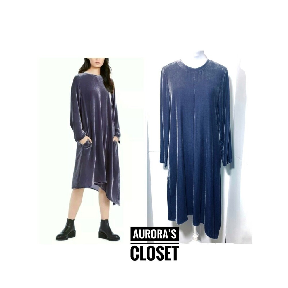 Eileen Fisher XXS Blue Velvet Dress Asymmetrical Hem Shale Long Sleeve $378
